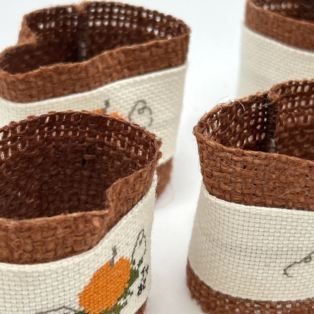 Set Of 6 Handmade Hand Cross Stitched Napkin Rings Fall Pumpkin Harvest